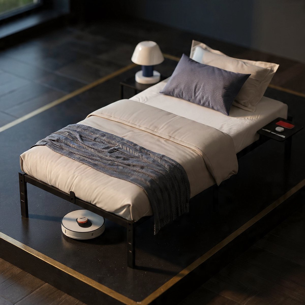 UrbanSteel Comfort Bedframe 90x200 cm met Opbergplanken – Industrieel Metaal – Zonder Hoofdbord – Zwart -House&Garden