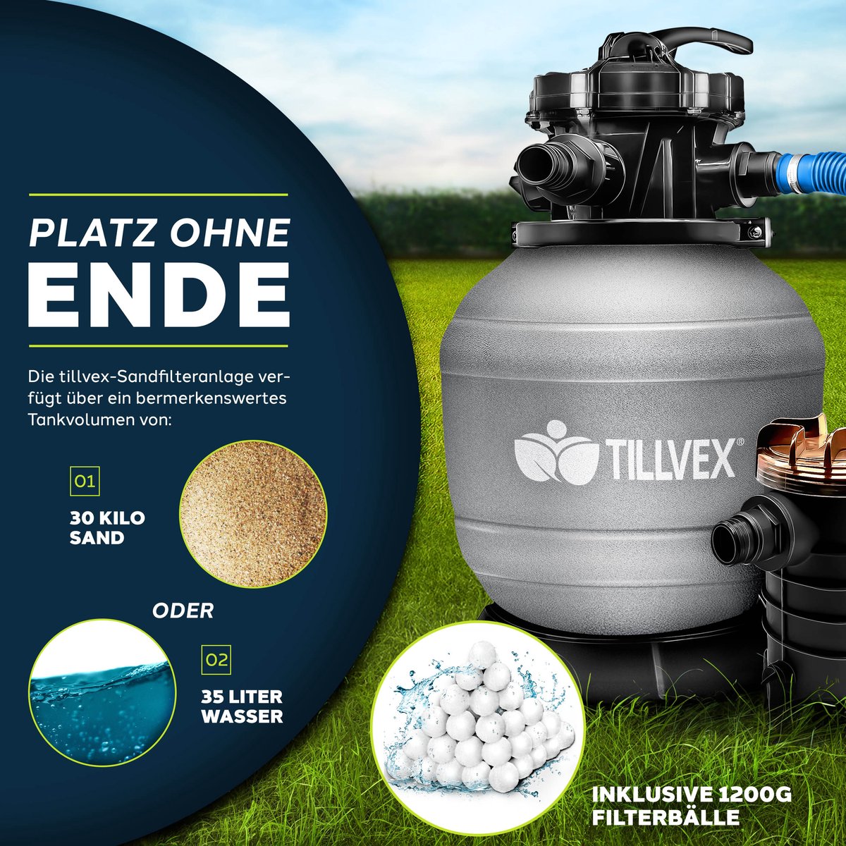 tillvex Zandfiltersysteem 13.200L/h tot 40.000L + 1200g Filterkogels | Zandfilterinstallatie 7-weg ventiel & Adapter Ø32-38mm | Zwembadfilter met drukweergave | Zandfilter zwembad (Grijs) – foto 4