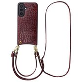 Selencia Hoesje - Geschikt voor Samsung Galaxy A57 (5G) - Croco Backcover met koord en pashouder - Burgundy