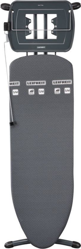 Grijze strijkplank met een opvouwbaar metalen rek voor een stoomgenerator.