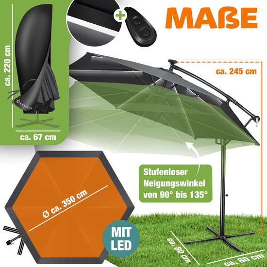 KESSER® Zweefparasol ⌀350cm met LED Solar Verlichting en voet - Parasol 360° Incl. Beschermhoes