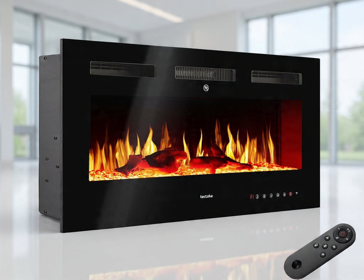 Elektrische Wandhaard 106,5 x 43 cm – Inbouw & Wand Sfeerhaard met 3D Vlammen, 8 Kleuren & App Bediening – 900W/1800W Verwarming met Thermostaat, Timer & Afstandsbediening – Modern Zwart – Arqam