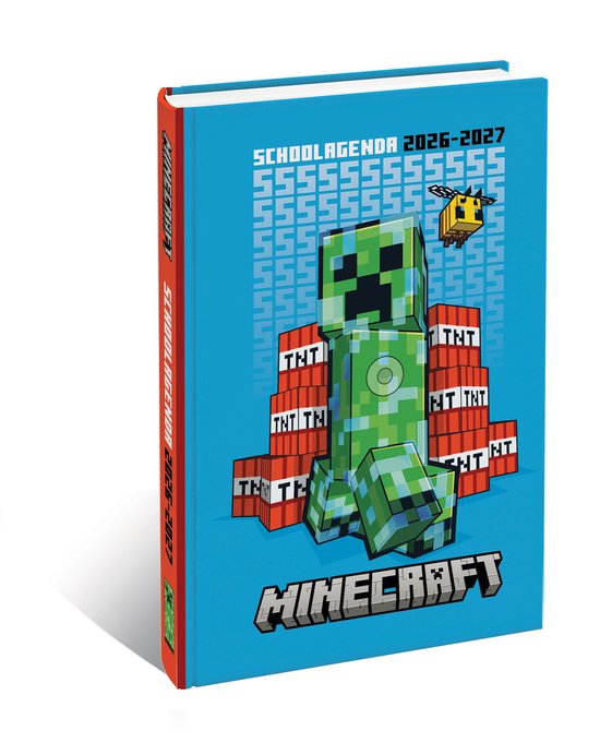 Schoolagenda 2026-2027 met Minecraft Creeper en TNT-blokken op een blauwe achtergrond.
