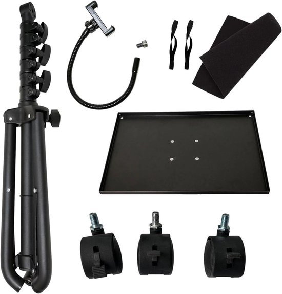 Onderdelen van een zwart, verstelbaar projectorstatief met wieltjes, laptoptafel en telefoonhouder.