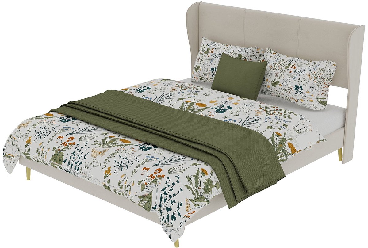 Merax Gestoffeerd Bed 140x200 - Fluwelen Stof - Zacht Hoofdbord - Houten Lattenbodem - Metalen Frame - Modern Minimalistisch Bed - Beige