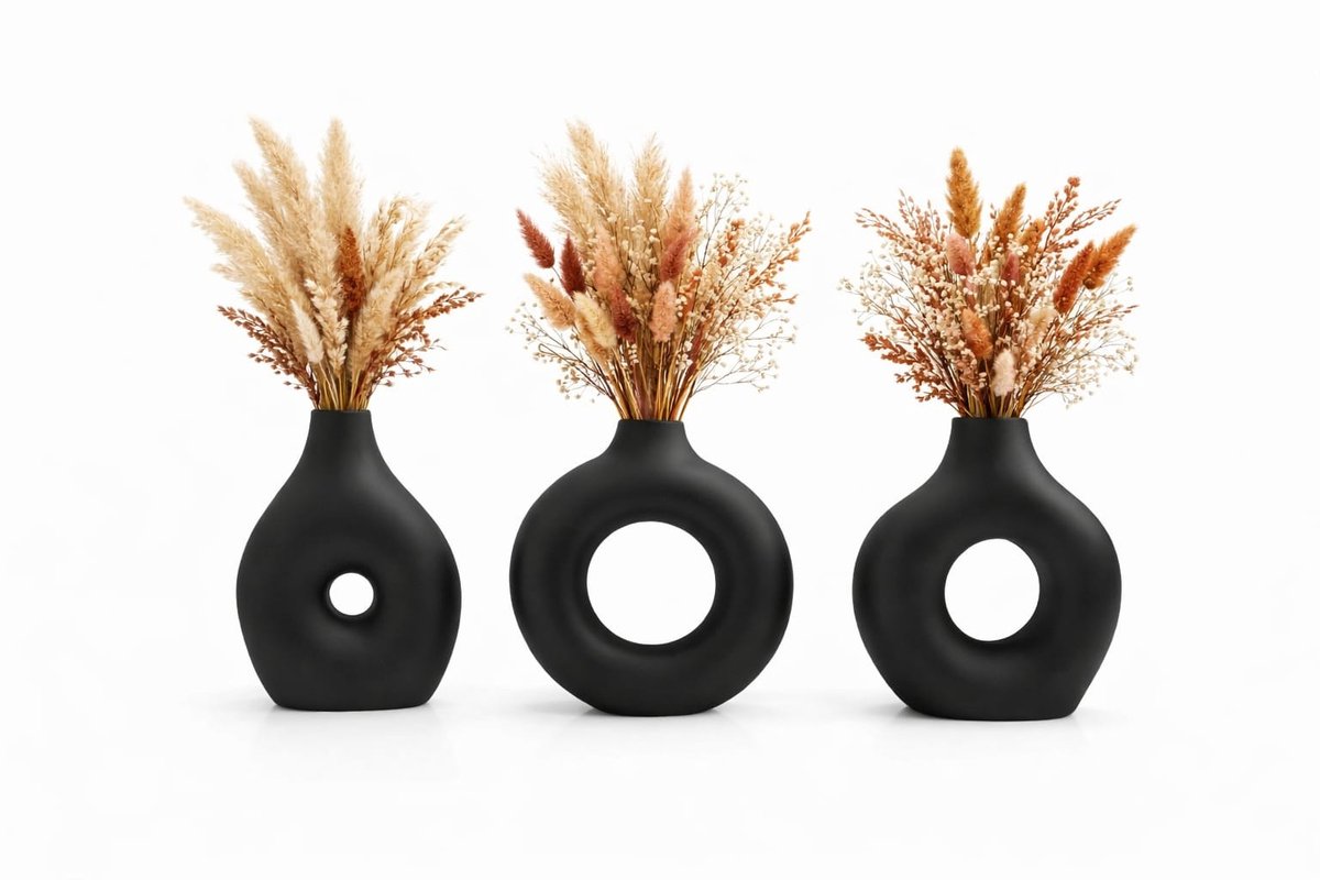 QORVANE Home Luxe 3-Delige Zwarte Vaas Set – Decoratieve Design Vazen voor Moderne Woondecoratie