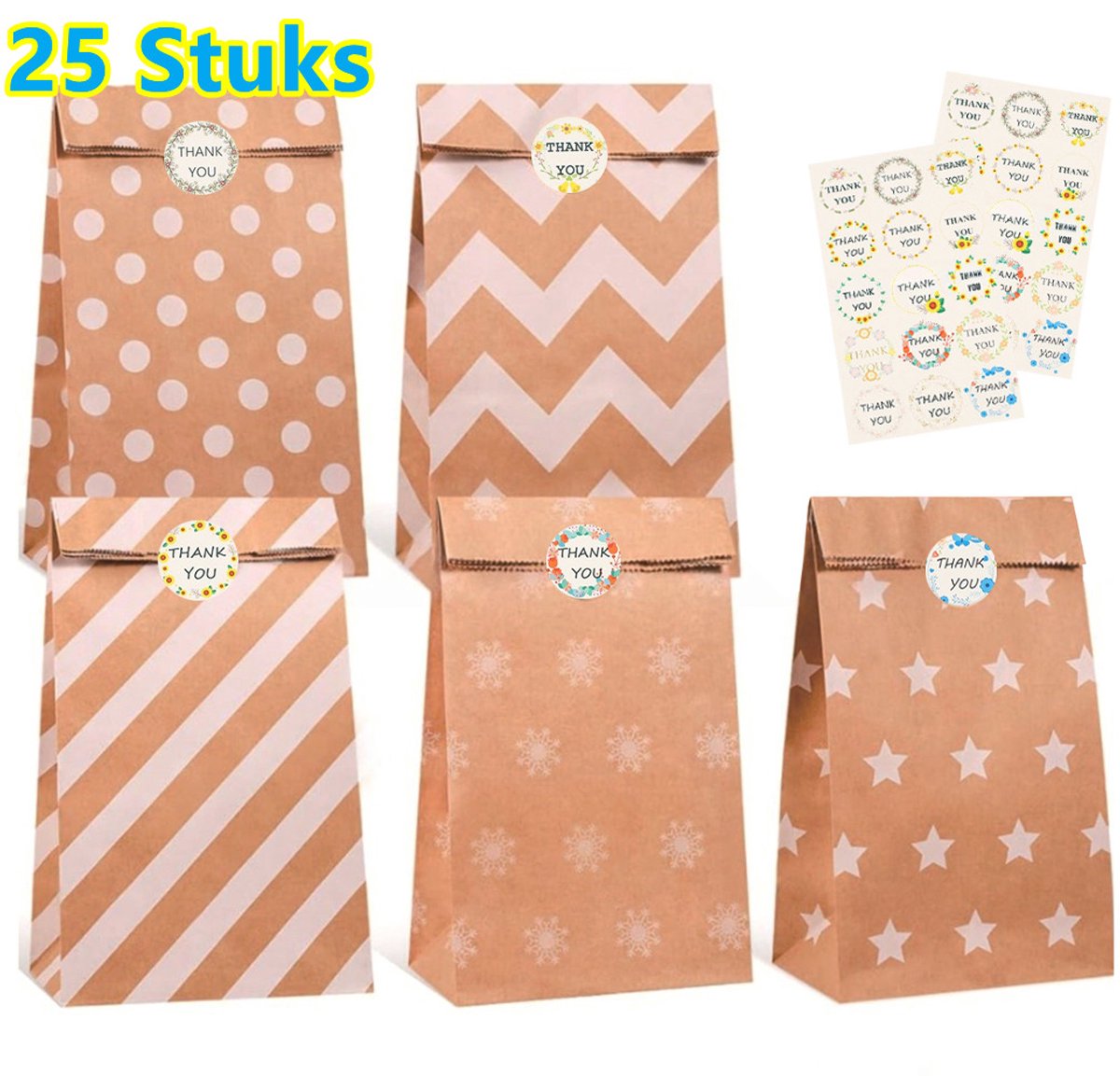 Kado Zakjes - 25 Stuks - 13x8x24cm - Cadeauzakjes - Cadeautasje - Papieren zakjes - Inpakzakjes - Sluitstickers - Stickers - Colorful Gift Bags