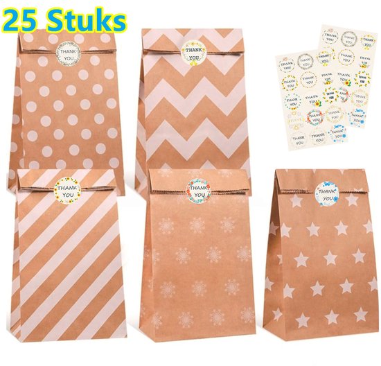 Traditioneel Kado Zakjes - 25 Stuks - 13x8x24cm - Cadeauzakjes - Cadeautasje - Papieren zakjes - Inpakzakjes - Sluitstickers - Stickers - Colorful Gift Bags