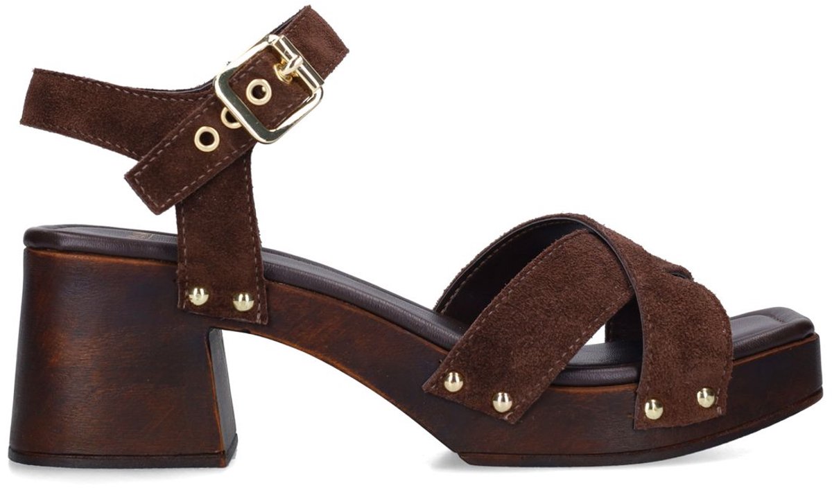 Manfield - Dames - Bruine suède sandalen met hak - Maat 37