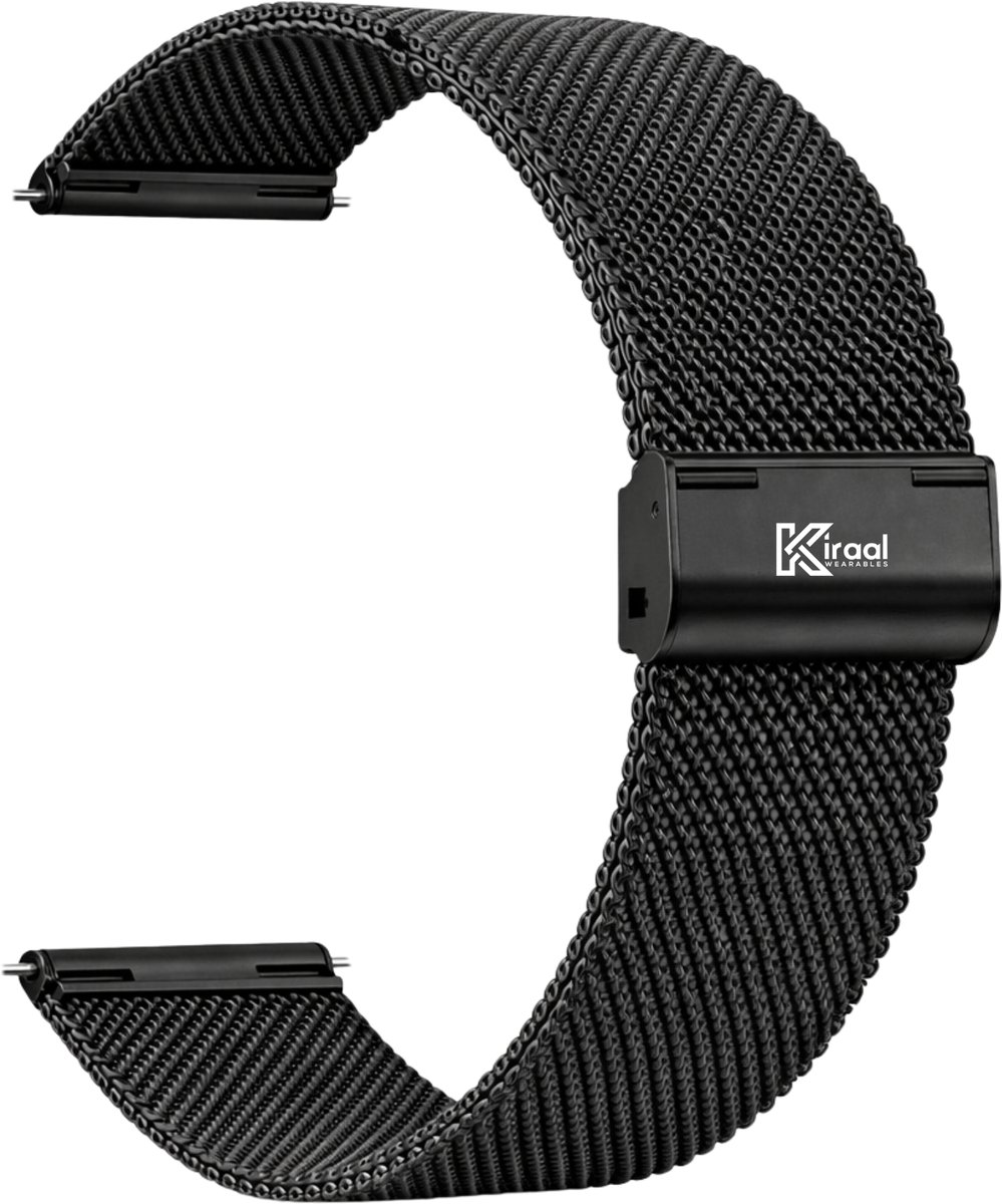 Kiraal - Premium Luxe RVS Horlogebandje - RVS - Milanees - 20mm - Zwart - Smartwatch bandje - Universeel
