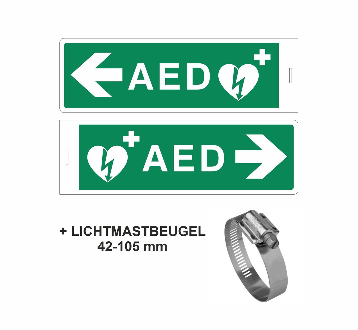 AED links / rechts REFLECTEREND (7-10 jaar buitengebruik) 30x10 cm DIBOND bord haaks + lichtmastbeugel 42-105 mm