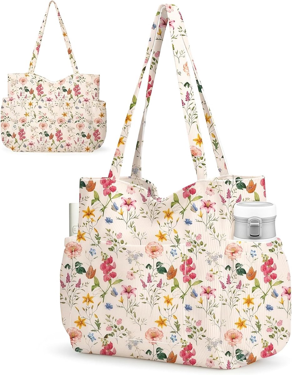Grote Cord Tote Bag - Schoudertas Dames - Dagelijks Gebruik - Meerdere Vakken - 21 x 20 cm