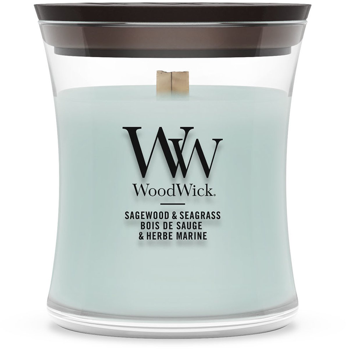 WoodWick Geurkaars Mini Candle - Sagewood & Seagrass - 20 branduren - 85gr - 8 cm / ø 7 cm Aqua-kleur