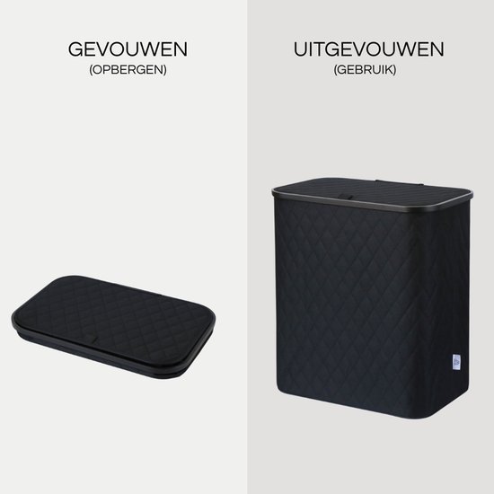 Gevouwen zwarte wasmand, plat op te bergen, naast de uitgeklapte wasmand.