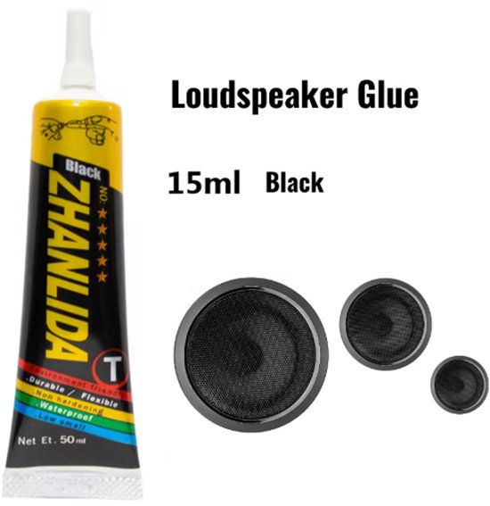 Zwarte luidsprekerlijm tube van 15ml, met drie zwarte luidsprekers.
