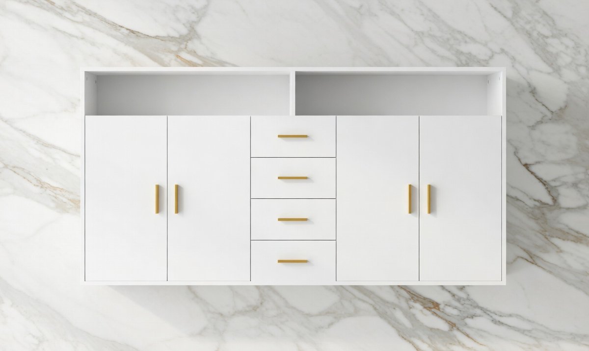 Luxe Sideboard 160 cm – Modern Dressoir met 4 Laden en 2 Deuren – Woonkamercommode, Buffetkast en Opbergkast voor Kantoor, Woonkamer en Eetkamer – Wit-Novihome