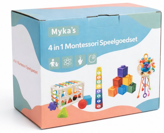 Doos van Myka's 4-in-1 Montessori Speelgoedset met blokken, vormensorteerder en grijpspeeltje.