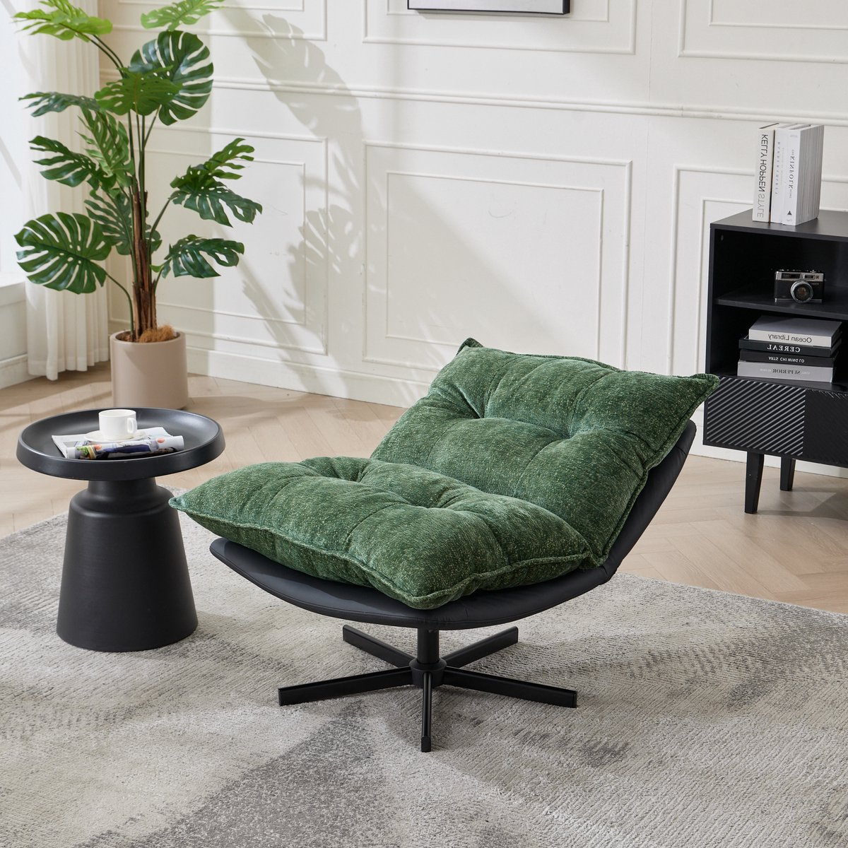 MODFU Draaibare Relaxfauteuil - Verstelbare Rugleuning - Industrieel - Voor Leeshoek - Chenille En Metaal - Donkergroen Zwart