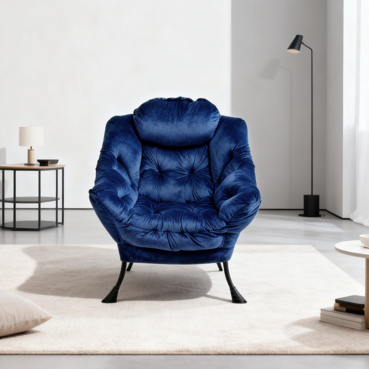 MODFU Stoel met voetenbank - Met armleuningen en zijvak - Modern design - Comfortabel zitten - Woonkamer - Stof en metaal - Donkerblauw - 72×80×93 cm