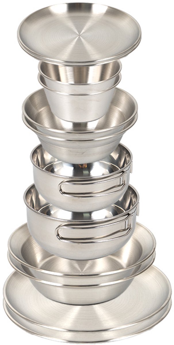 Kampeerset- 12 Stks Voor Camping Servies Set met RVS Kommen en Platen Ideaal voor Outdoor Maaltijden - zilver