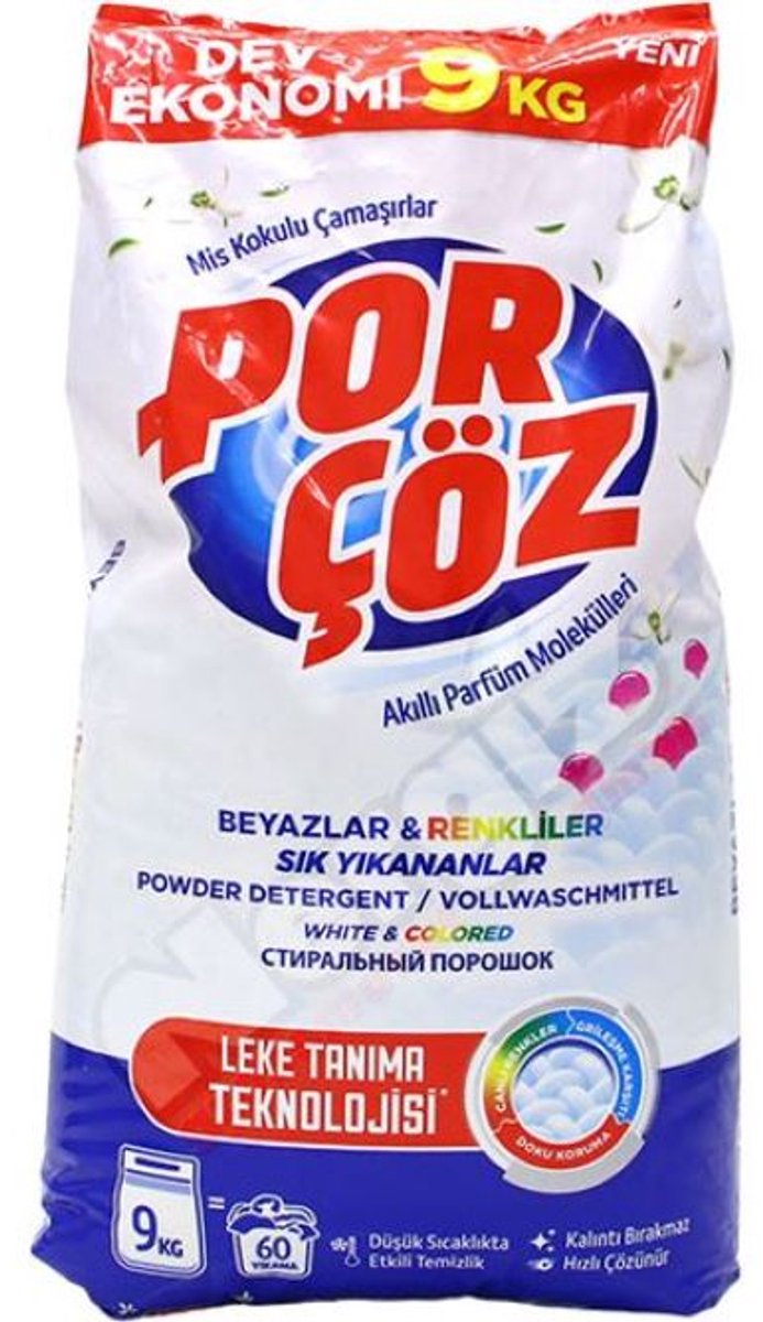 Por Cöz Waspoeder 9KG (60 Wasbeurten) Wit & Kleur – Krachtig Wasmiddel met Vlekherkenning | Fris & Zuinig