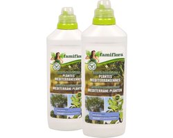 Famiflora vloeibare meststof voor mediterrane planten 2L (2 x 1L) - Voordeelverpakking meststof voor olijvenbomen. palmboom. citrus. vijg - Voor mediterrane, zuiderse planten
