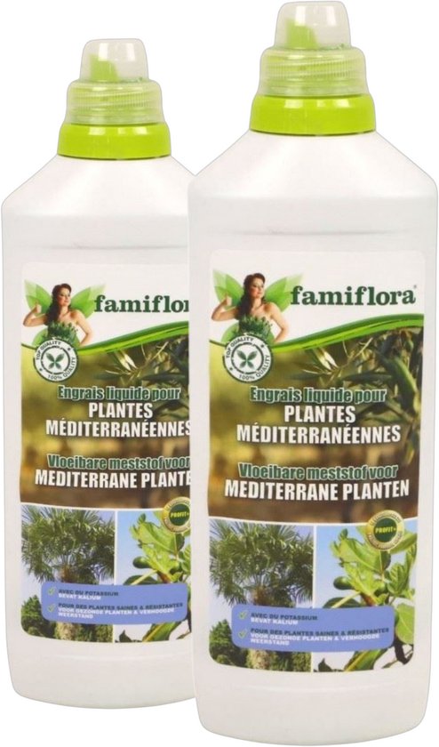 Famiflora vloeibare meststof voor mediterrane planten 2L (2 x 1L) - Voordeelverpakking meststof voor olijvenbomen. palmboom. citrus. vijg - Voor mediterrane, zuiderse planten