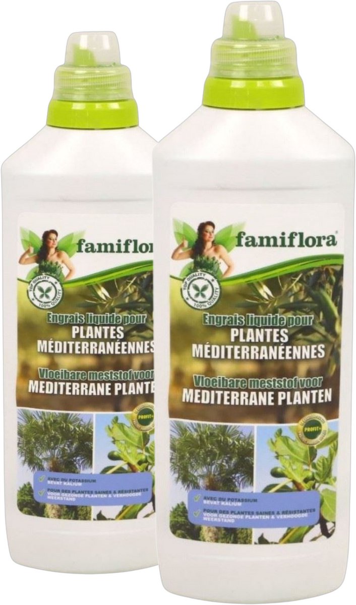 Famiflora vloeibare meststof voor mediterrane planten 2L (2 x 1L) - Voordeelverpakking meststof voor olijvenbomen. palmboom. citrus. vijg - Voor mediterrane, zuiderse planten