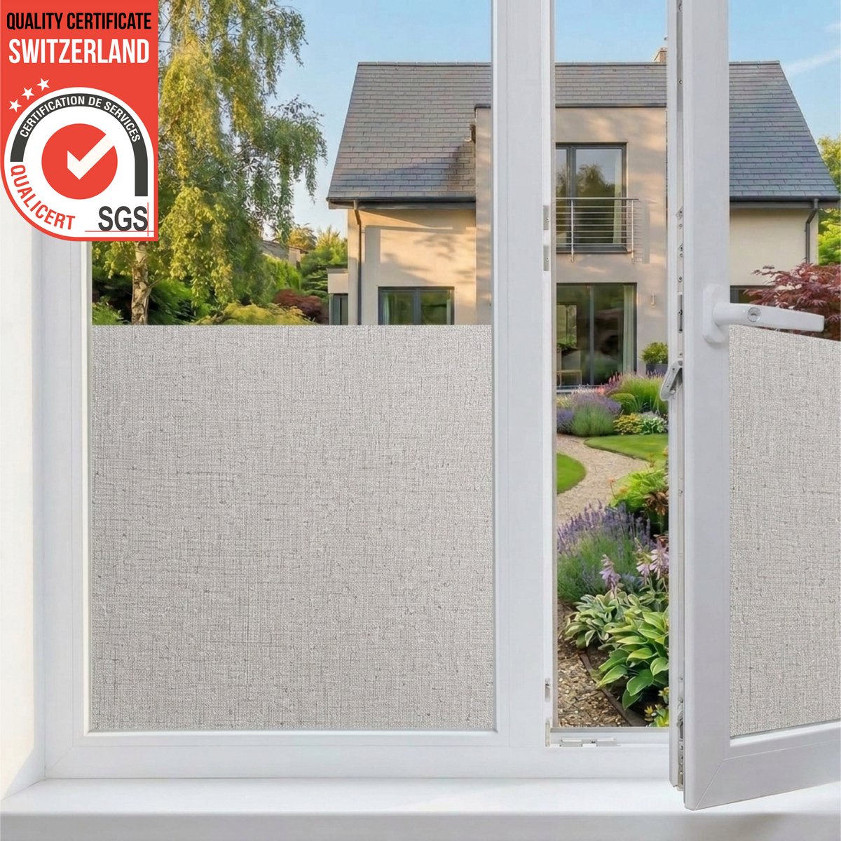 Homewell Textiellook Raamfolie HR++ 45x300 - Isolerend & Zonwerend - Anti inkijk - Statisch - Linnen-effect Grijs Linnenlook