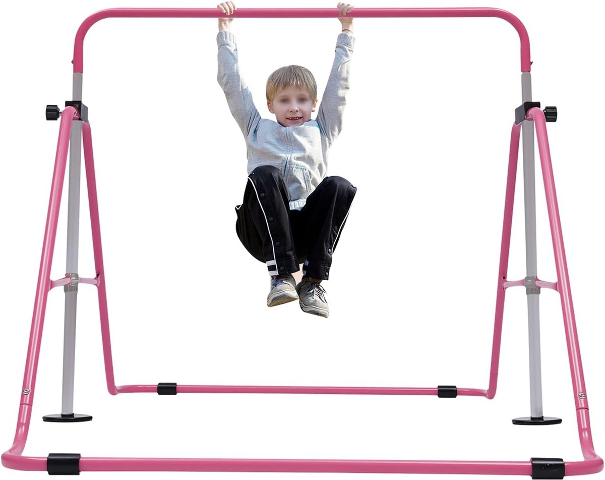 Gymnastiekstang Kinderen - Turnrek Thuistengels - Binnen Turnen Spelen - Opvouwbaar Ruimtebesparend - Verstelbare Hoogtes - Roze