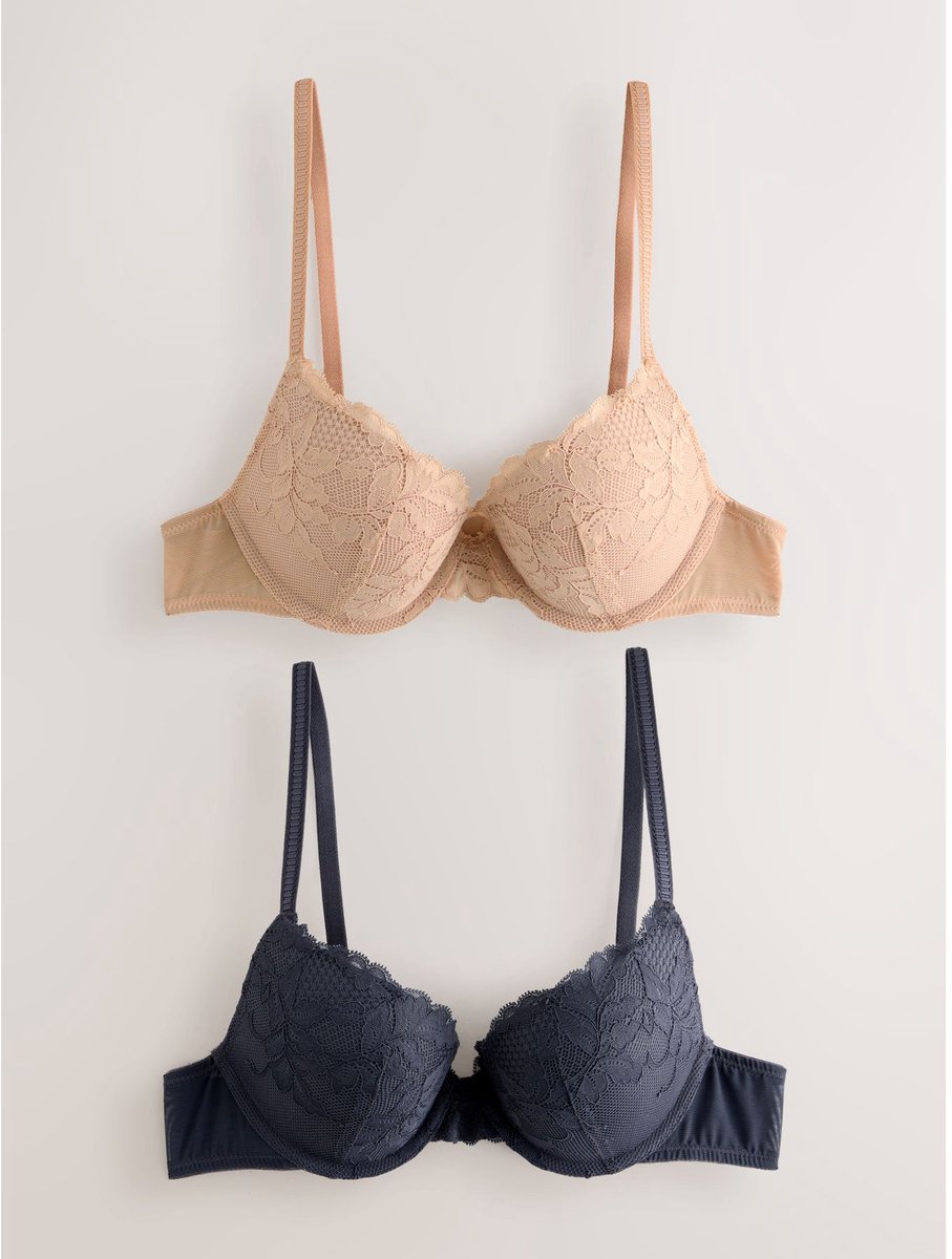 Next Dames - Set van 2 push-up beha's met lage decolleté en kant - Huidkleur Neutral/Navy