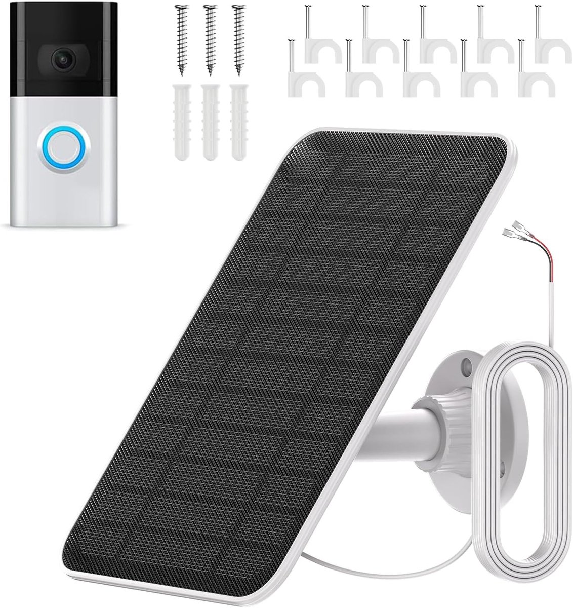 Zonnepaneel Deurbel - Energie Oplader - Continue Stroom - Verstelbare Houder - 6 Meter Kabel - Zwart