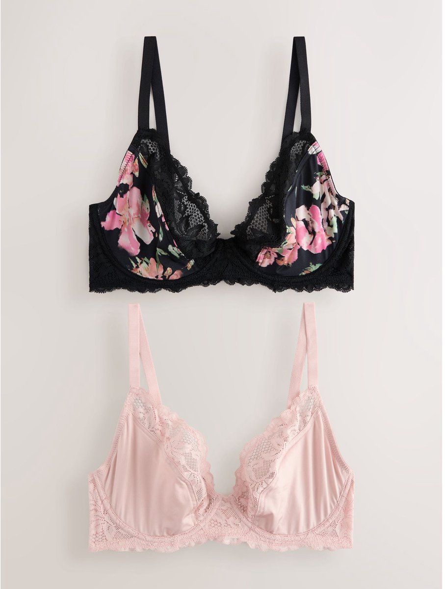 Next Dames - Diepuitgesneden DD+ beha, zonder vulling, set van 2 - Zwart Black Floral/Pink