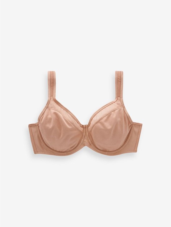Nude katoenen minimizer beha op een witte achtergrond, met verstelbare bandjes en mesh detail.