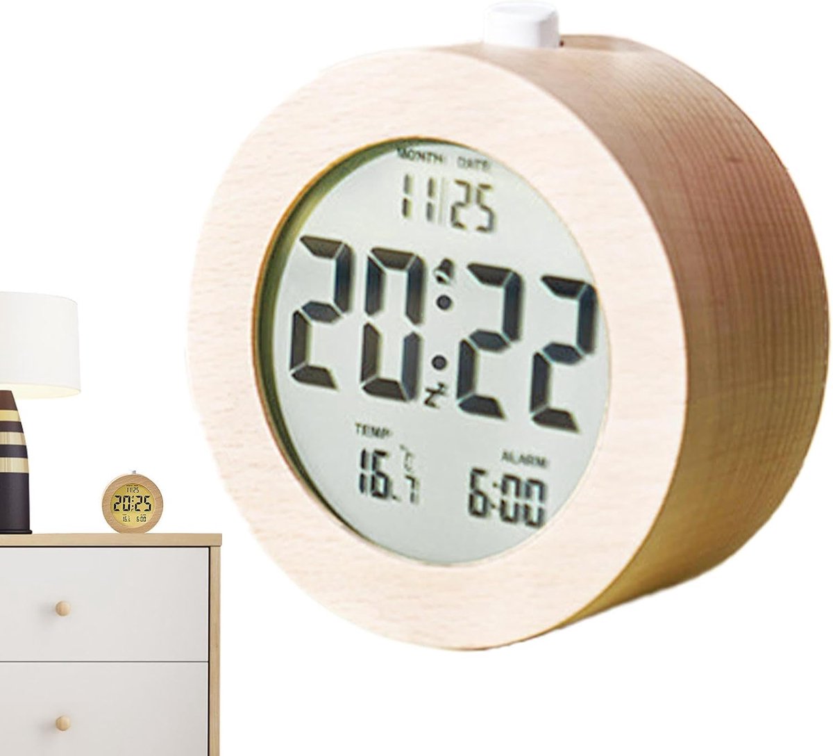 Houten Wekker - Digitale Klok - Wakker Worden - Natuurlijk Materiaal - 10 cm Rond