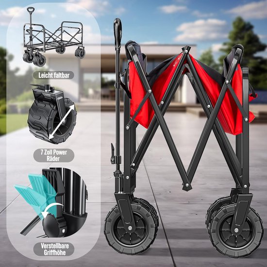 Opvouwbare Bolderkar - Handwagen Transportwagen - Buitengebruik Tuin Strand - 150 kg Draagkracht Brede Banden - 92x57x100 cm - Rood Grijs van Opvouwbare Bolderkar — afbeelding 5