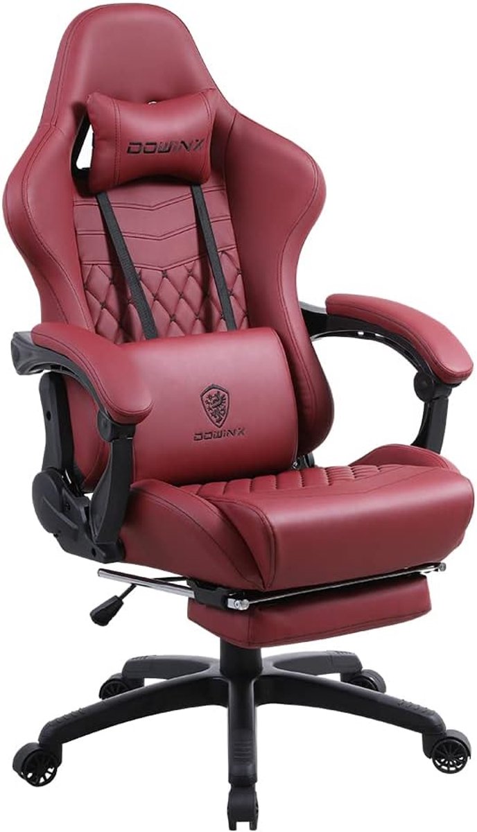 Dowinx Gamingstoel - Ergonomische Bureaustoel van PU-leer - Met Massage-Lendensteun en Voetsteun - Verstelbaar 90°-170° - Tot 200 kg - Rood