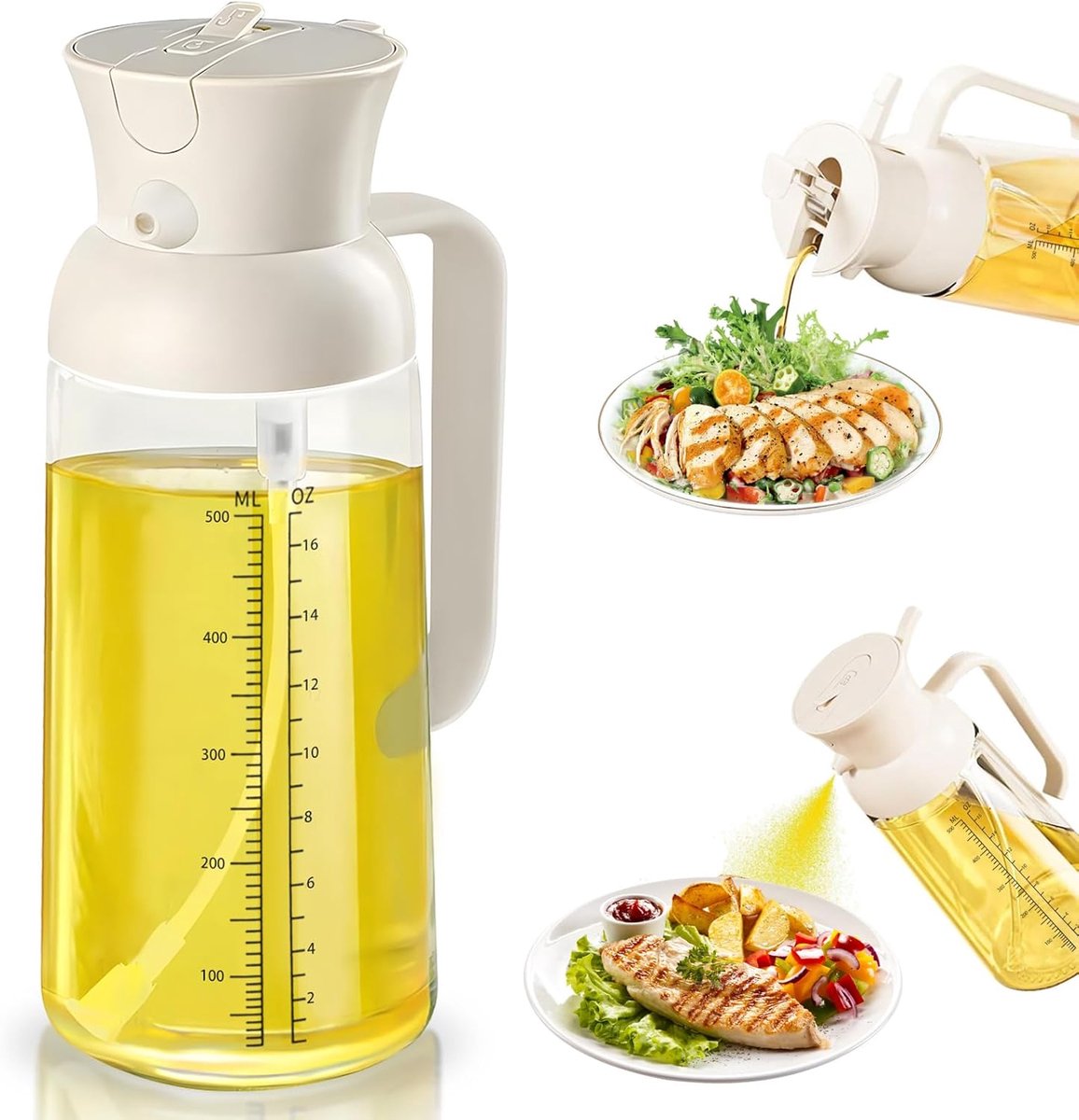 2-in-1 oliespray 550 ml – olijfolie, keukenaccessoire, voor airfryer, BBQ, grill (wit)