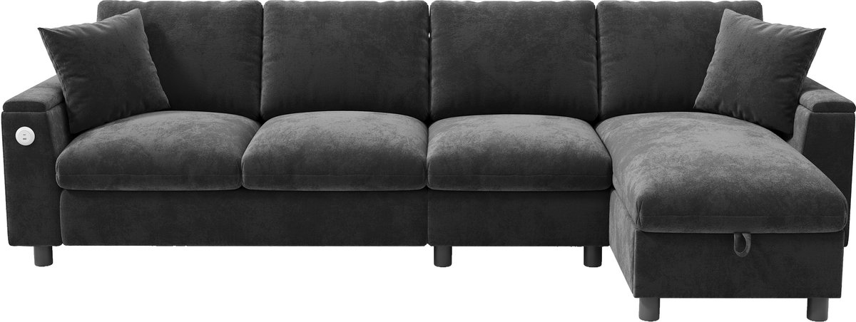 Wishdor Hoekbank Met Slaapfunctie - Omkeerbare L-Vorm En Opbergruimte - Woonkamer - Chenille - Grijs - 280 X 137 X 84 Cm