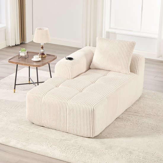 Wishdor Lounge Fauteuil - Loveseat met Bekerhouder & Zijvakken - Zachte Ribstof - Beige - 158 x 93 cm