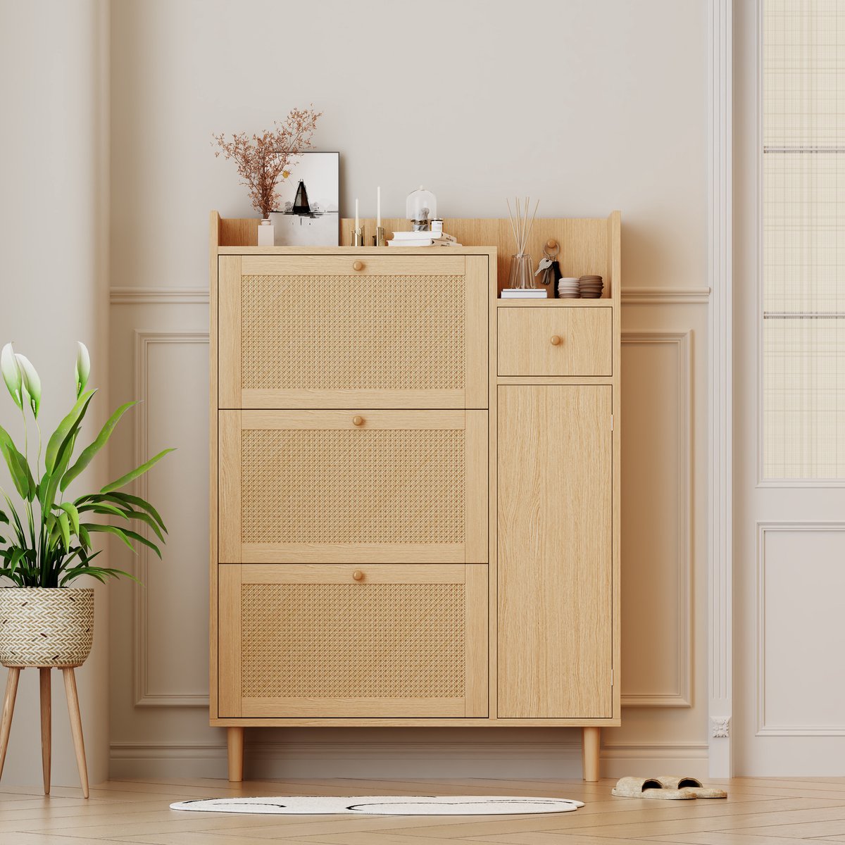 Wishdor - Schoenenkast - Ruimtebesparend - Natuurlijk Ontwerp - Voor Hal - MDF En Massief Hout - Naturel - 90 X 125 X 17 Cm