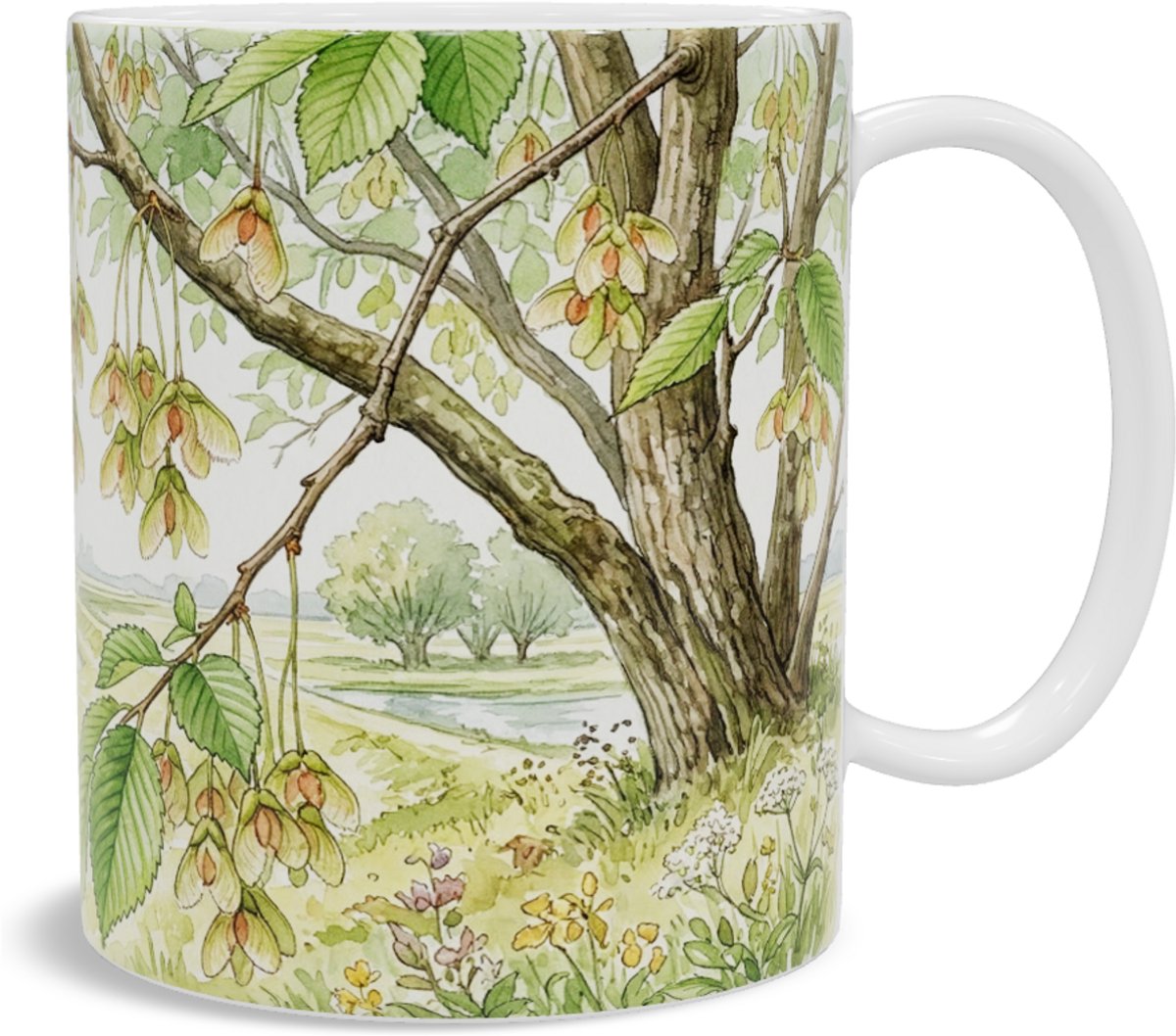 Theemok Fladderiep Ulmus laevis boom met bloesem langs rivierlandschap en molen - Botanische koffiebeker bomen natuur - Aquarel Series - Cadeau voor haar: Vrouw, Vriendin of Collega - Planten mok voor warme dranken thuis of kantoor