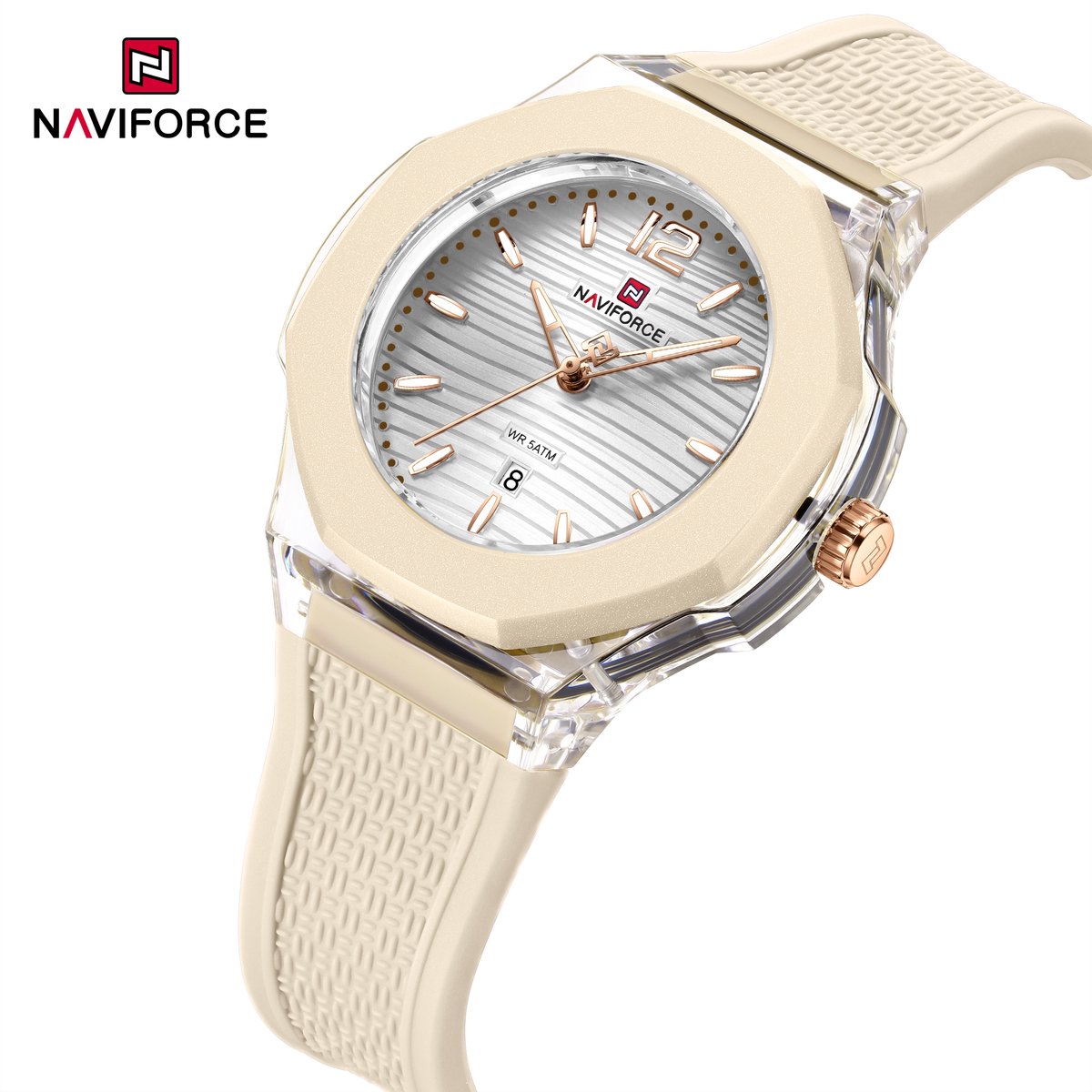 NAVIFORCE horloge met beige gefumeerde siliconen polsband, beige horlogekast en zilveren wijzerplaat voor dames met stijl ( Model 6109 SWBG )