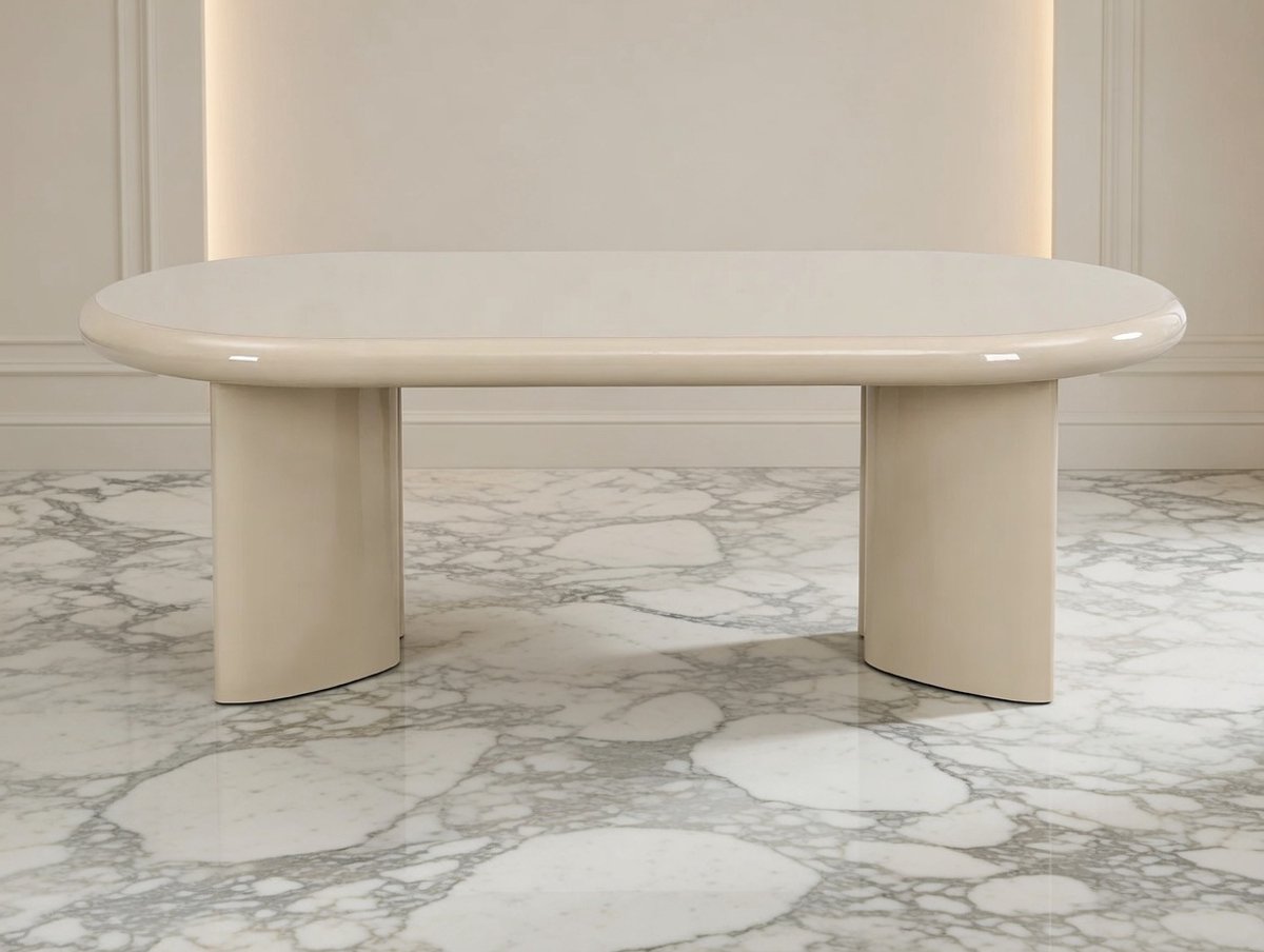 Ovale Salontafel 120 cm – Moderne Design Salontafel Beige Hoogglans – MDF Woonkamer Tafel met Dikke Poten – Minimalistische Coffee Table – NoviHome