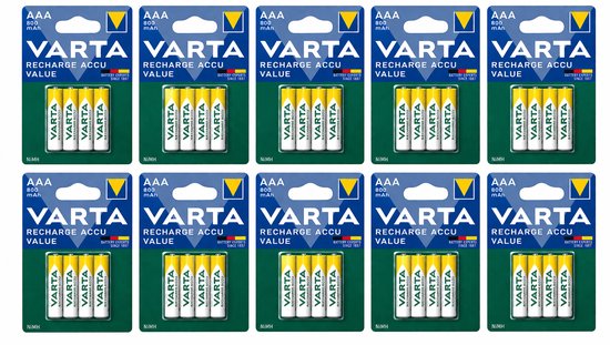Tien pakken met Varta AAA 800mAh oplaadbare batterijen. Elk pak bevat 4 stuks.