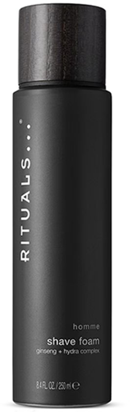 Rituals Homme scheerschuim in donkergrijze spuitbus met houten dop. Tekst: RITUALS homme shave foam.