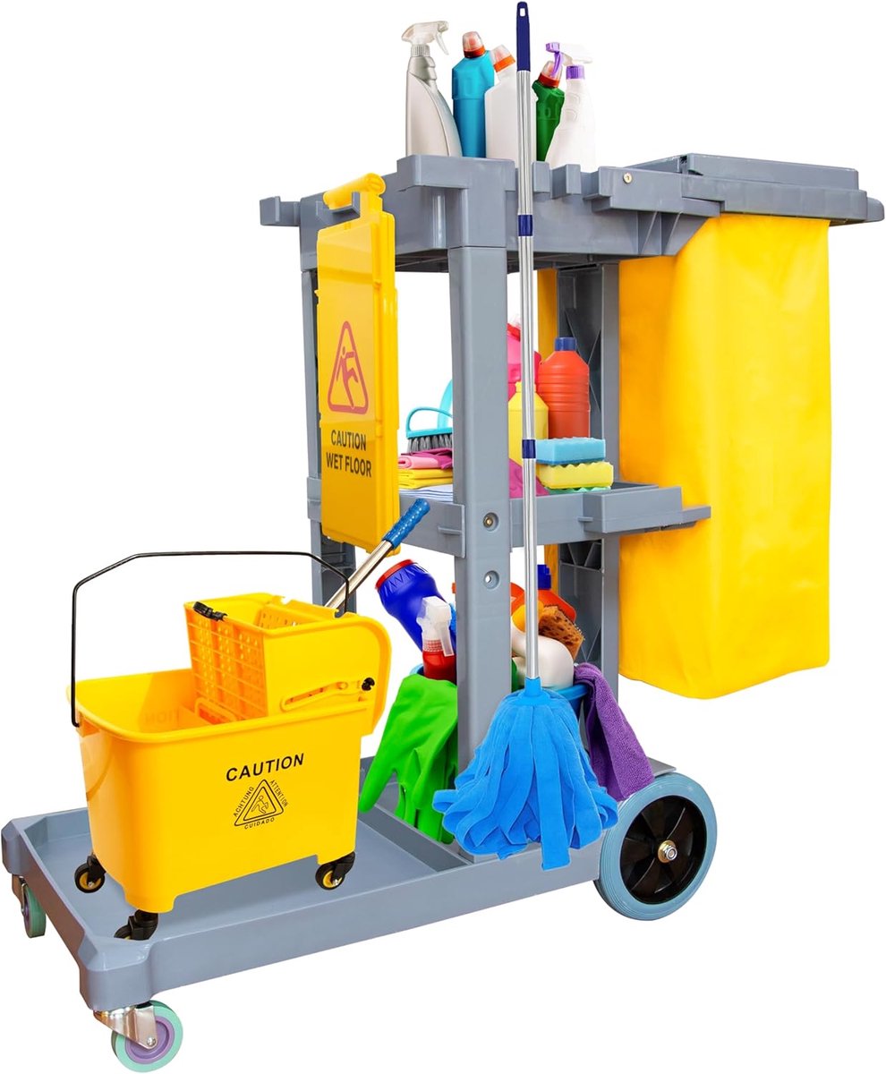 Schoonmaakwagen - Utility Cart - Efficiënt Schoonmaken - Met Dweilhouder - 123 x 50 x 101 cm