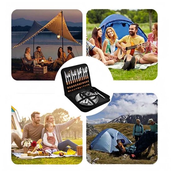 Camping Bestekset 4 Personen - RVS met Houten Handvat - 20-delig - Inclusief Borden, BBQ Tang & Opbergtas - Picknick & Outdoor Set van Merkloos — afbeelding 5