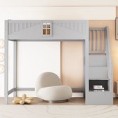 Lit mezzanine 90 x 200 cm - barrière de sécurité avec fenêtre - rangement et échelle de sécurité interchangeables gauche/droite - gris - sans matelas