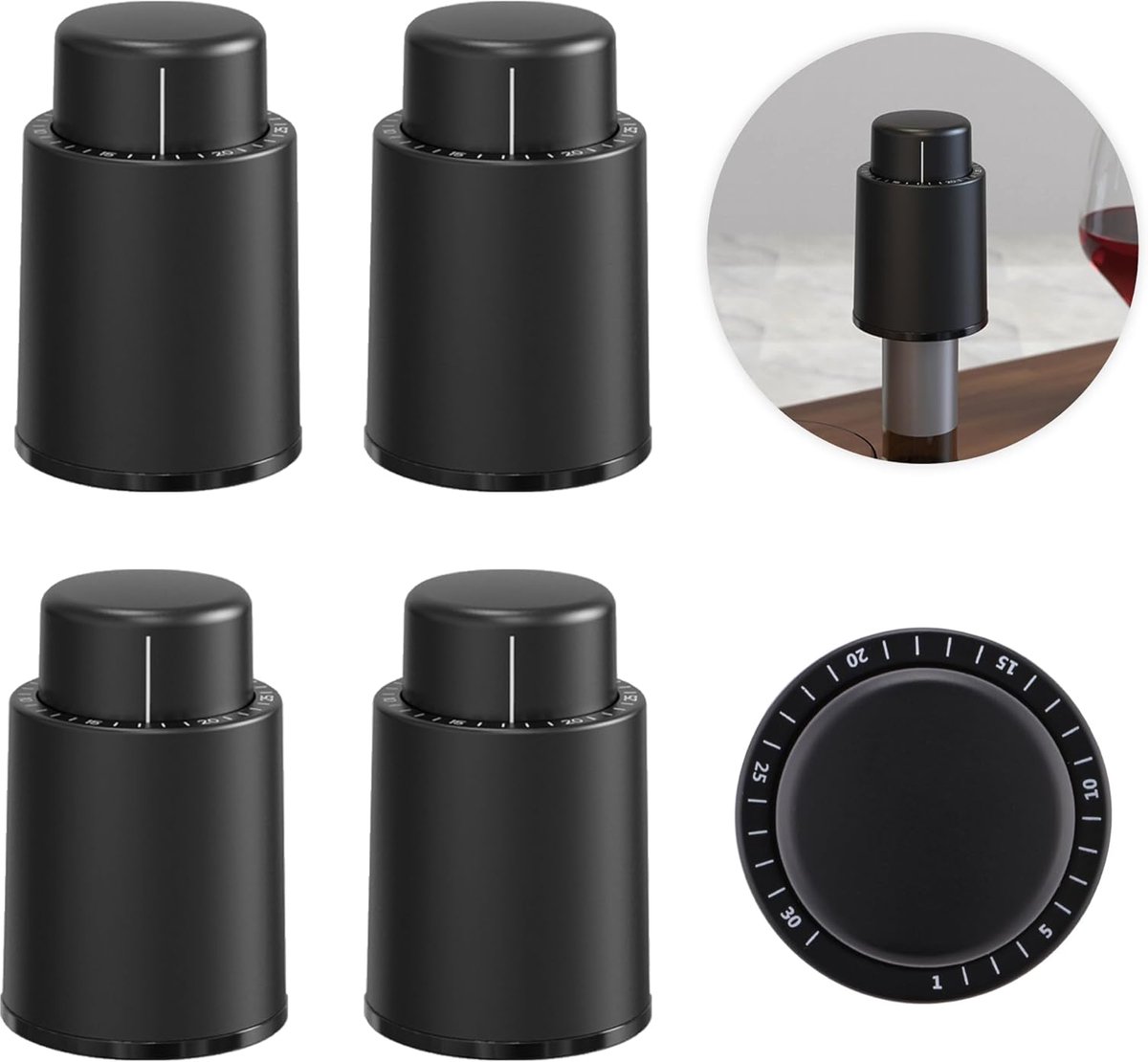 Vacuüm Wijnstopper - Wijnkurk Luchtpomp - Fles Afsluiten - Datum Indicator - 47x72mm - Zwart